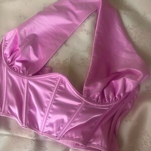 Pink Satin wrap front exposed wire corset bralette